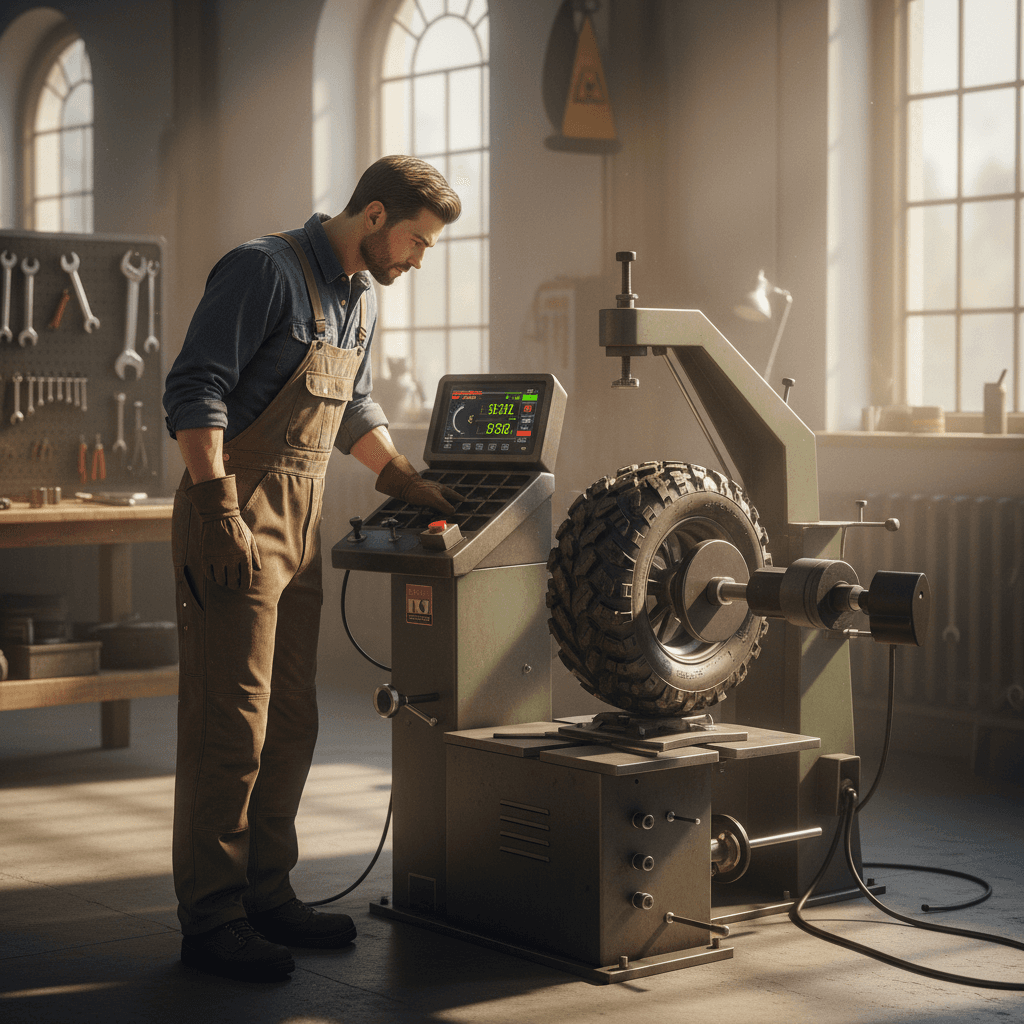 Technician balancing a four-wheeler tire