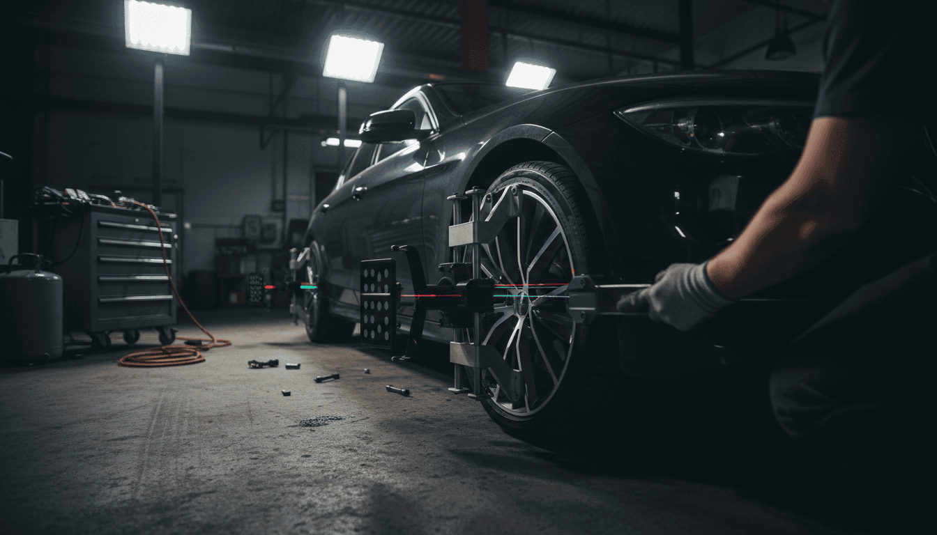 Skilled technician performing wheel alignment on a vehicle in Chougule Autocare And wheel Alignment service center