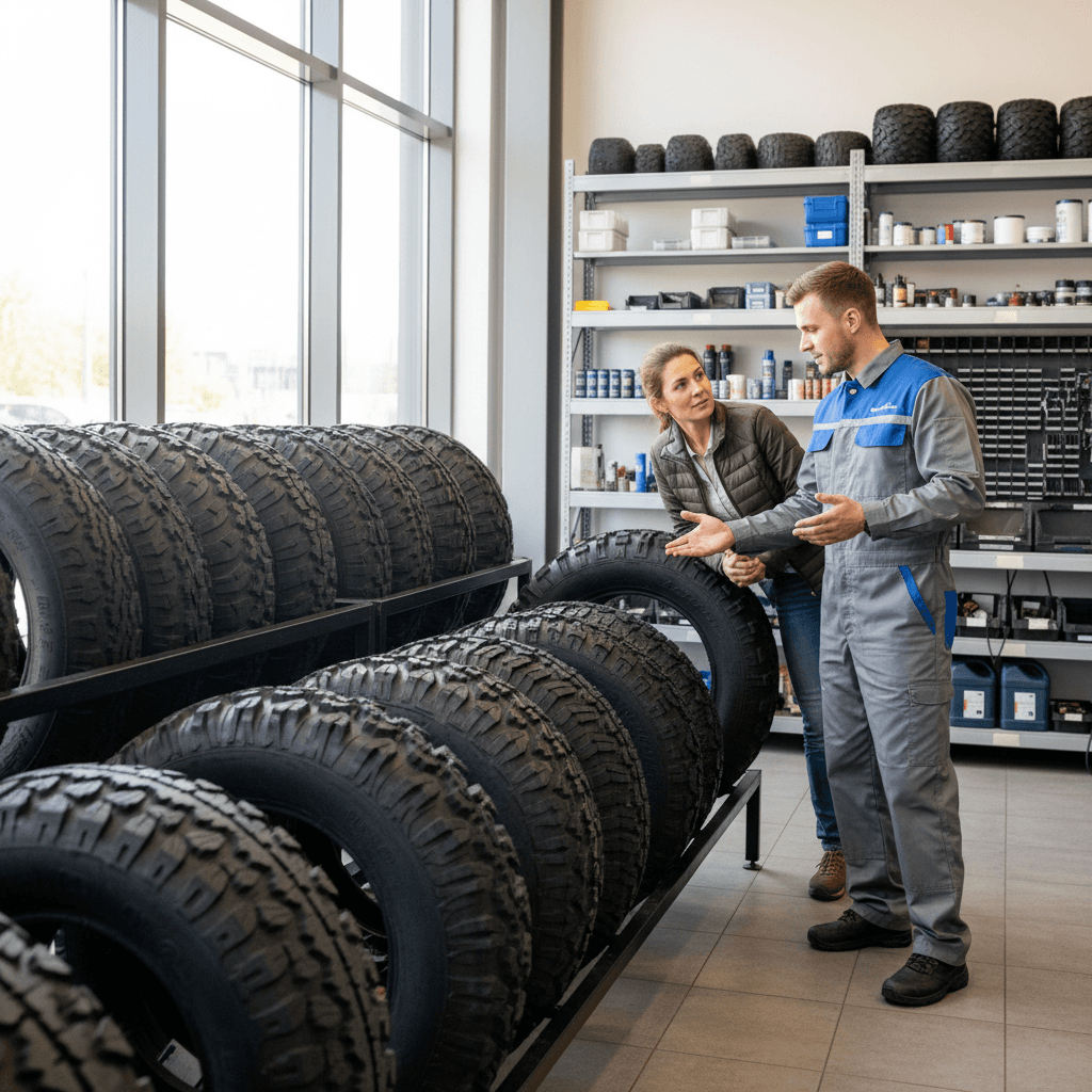 Technician discussing tire replacement options