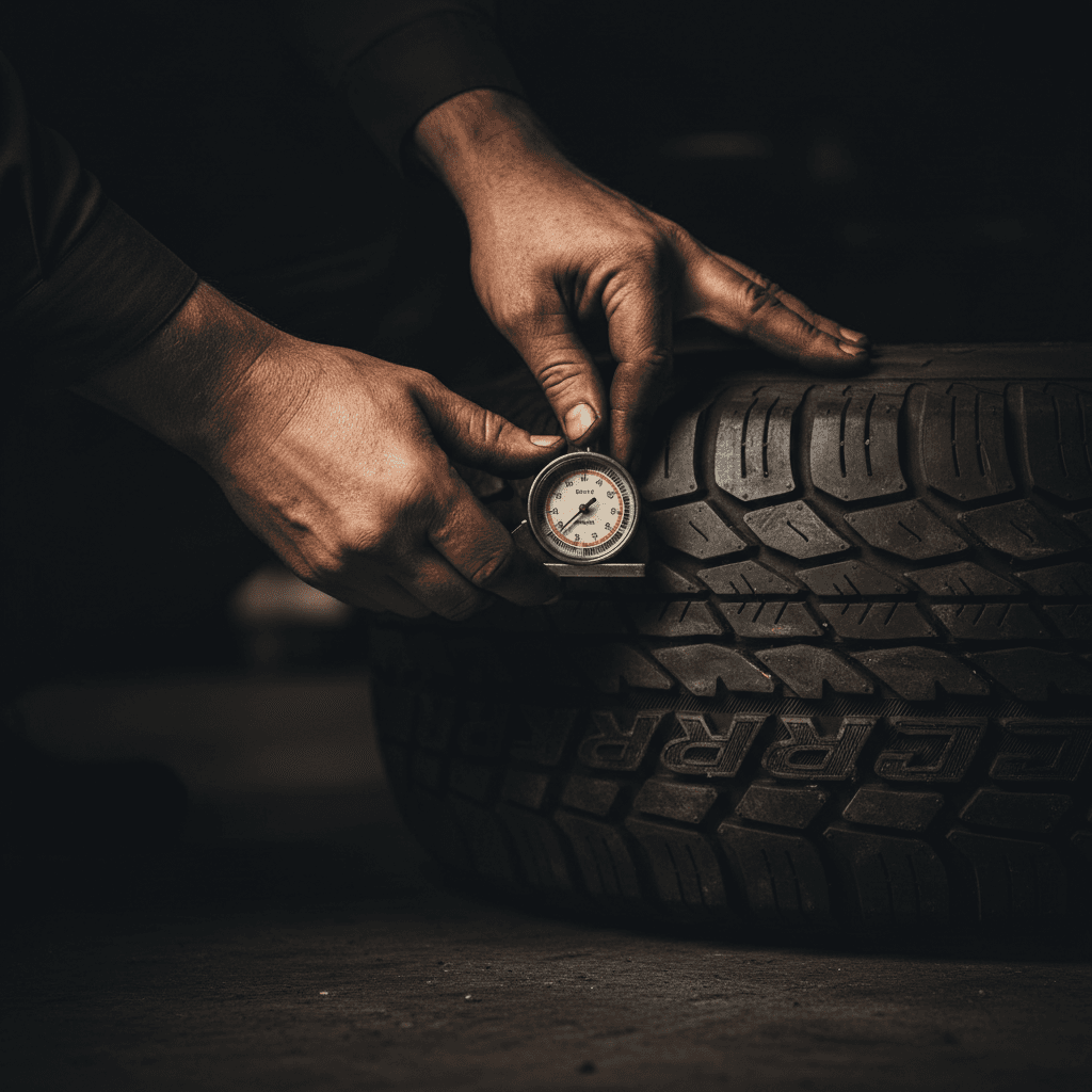 Close-up tire tread depth inspection