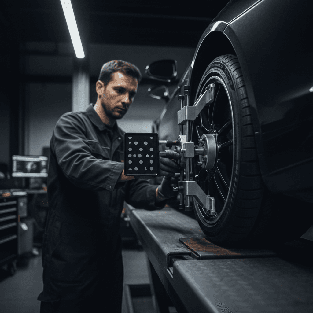Professional wheel alignment equipment with technician adjusting precision laser sensors