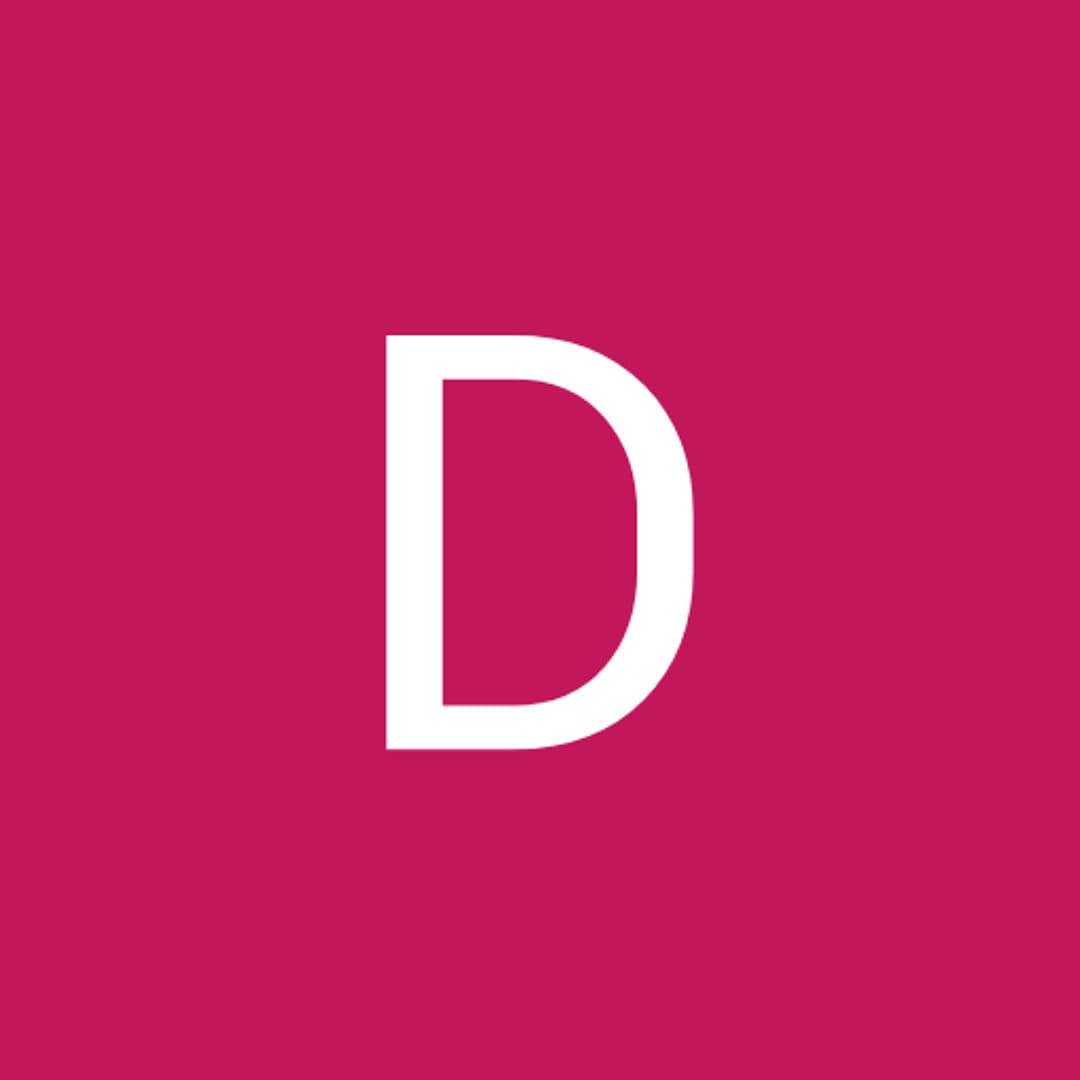 Large white sans-serif letter D centered against a solid bright pink square background.